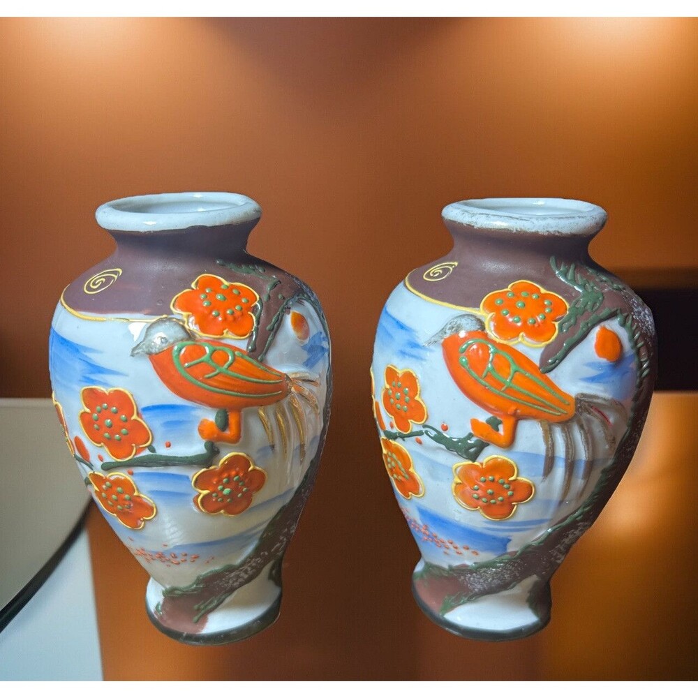 Orange Floral Blossoms Raised Bird Bud Vases Brown Blue Vintage Japan Pair
